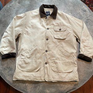 Vintage Gap Corduroy Leather Trim Chore Jacket Cream Off-White Brown Medium